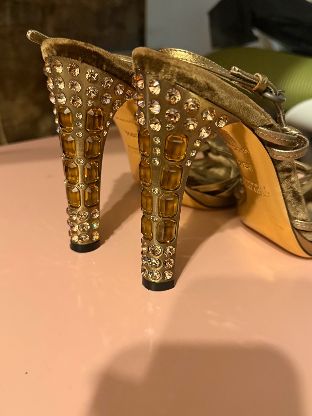 Miu Miu Gold Metallic Crystal Heel Sandals Y2K Designer Statement Shoes